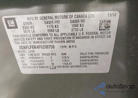 2015 Chevrolet Equinox 1Lt from USA, damaged, VIN 2GNFLFEK4F6208758